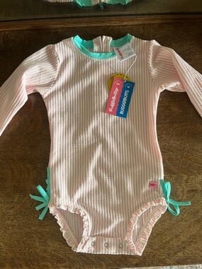 Ruffle Butts Long Sleeve Pink & White Striped Seersucker Swimsuit with Teal Trim